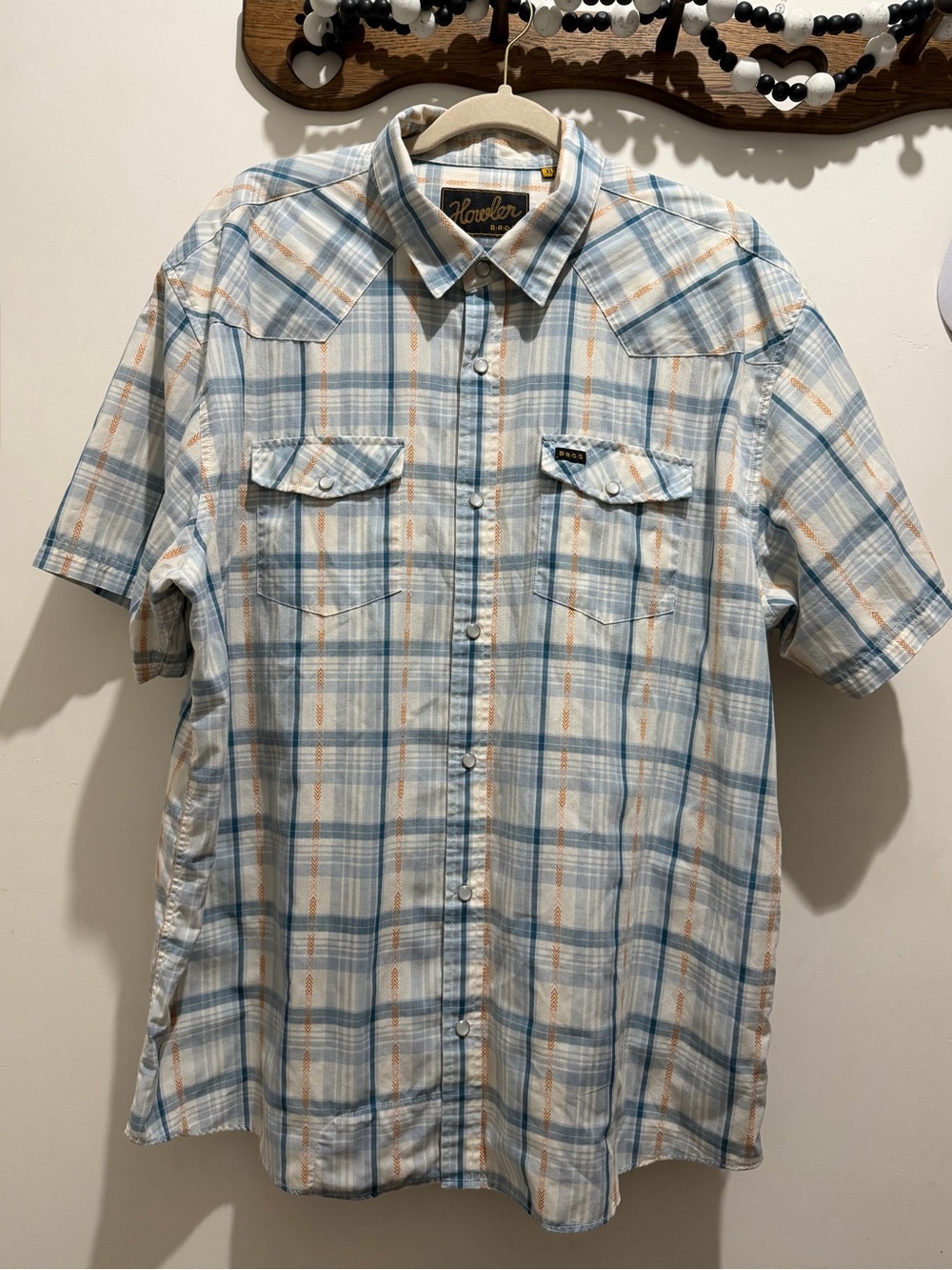 Howler Brothers Light Blue and Orange Plaid Short Sleeve Button-Down Shirt